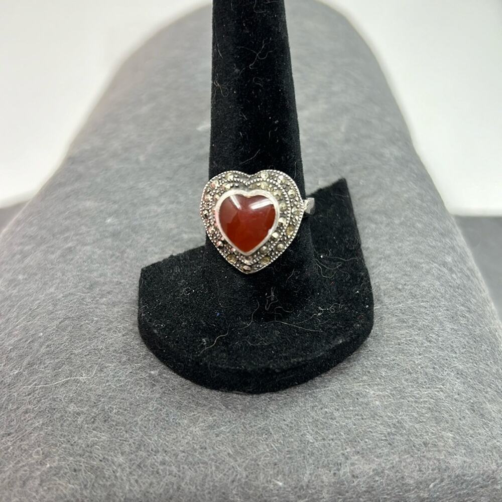 Vintage Sterling Silver Natural Carnelian and Marcasite Heart Shaped Ring Size 8